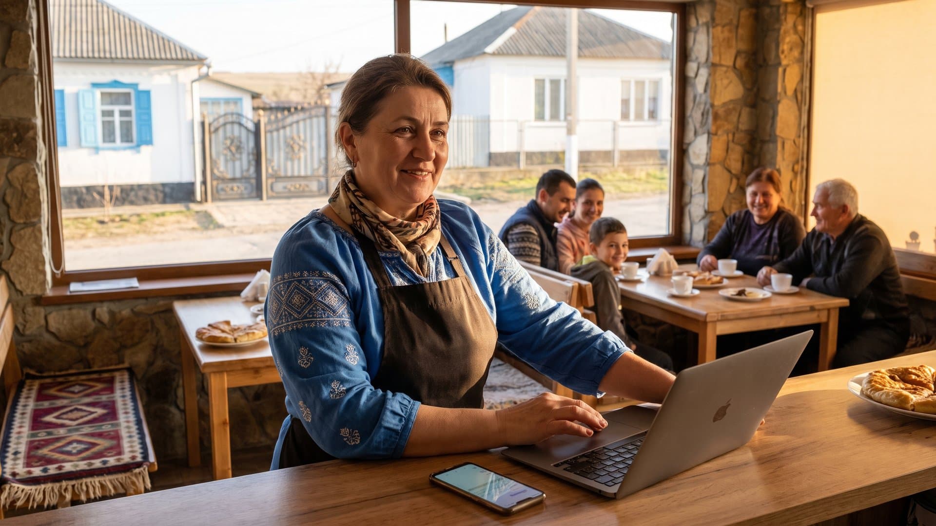 Proprietara unei cafenele pregătește totul pe laptop, în timp ce telefonul se aprinde pe tejghea