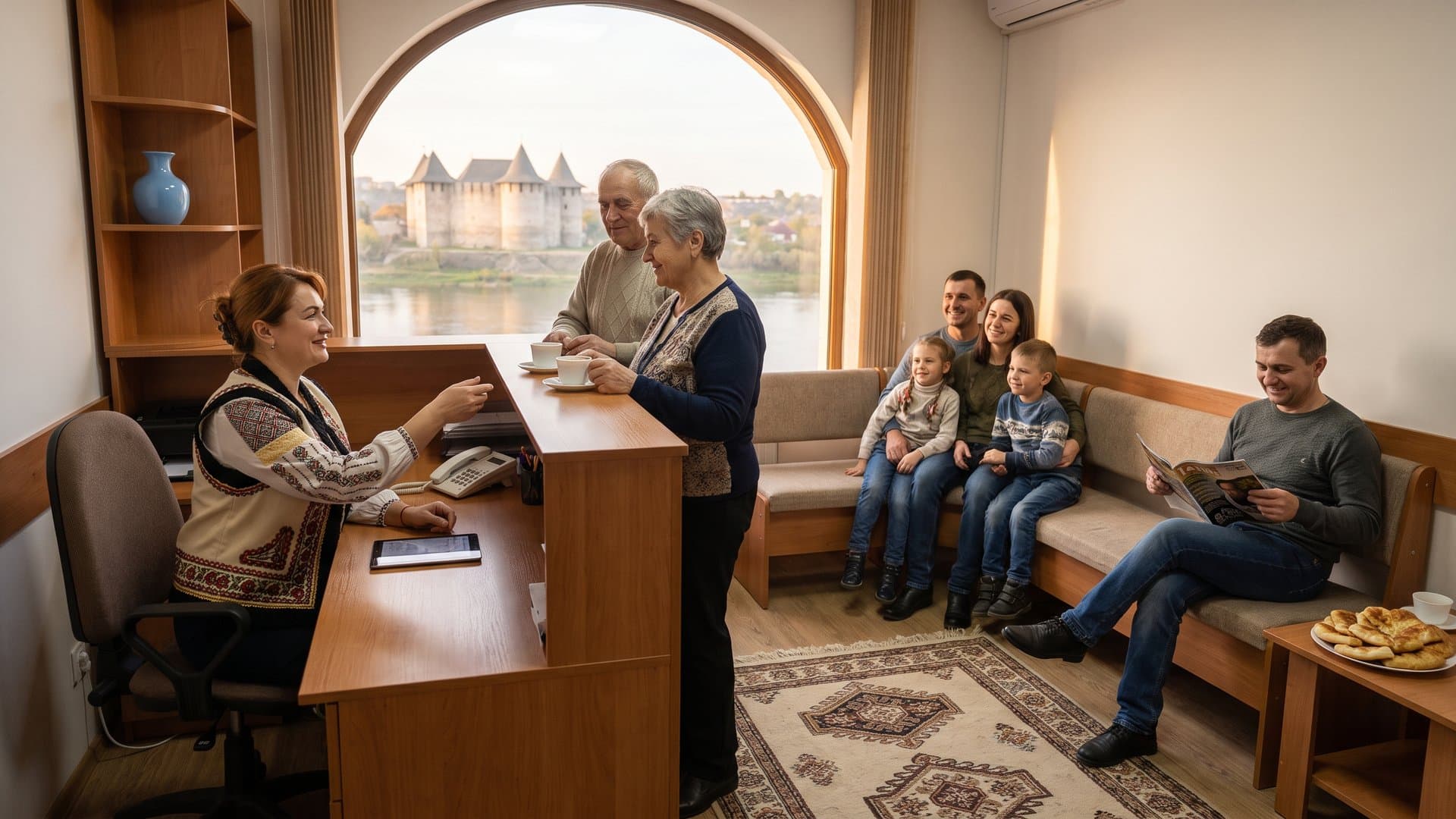 Recepția primitoare a unei clinici, cu o recepționistă prietenoasă