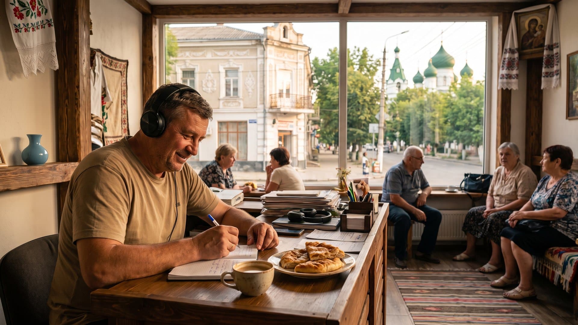 Un proprietar de magazin ascultă un apel cu căștile și ia notițe