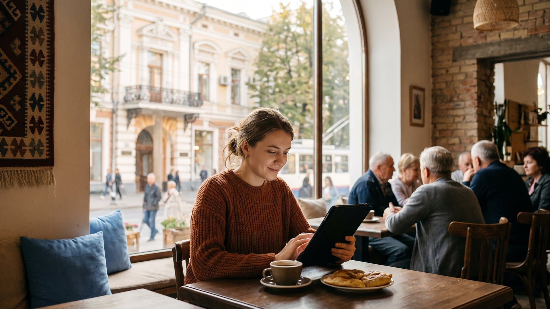 O femeie citește un articol pe tabletă într-o cafenea primitoare