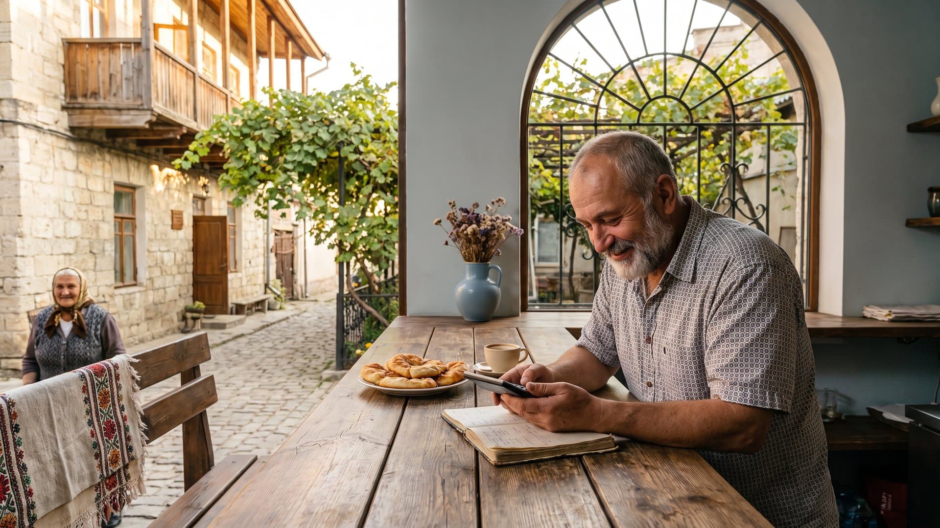 Proprietarul unui restaurant face calcule la bar după-amiaza