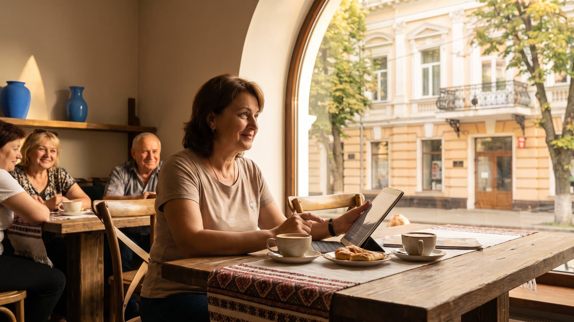Un antreprenor compară două variante pe o tabletă, la o cafenea