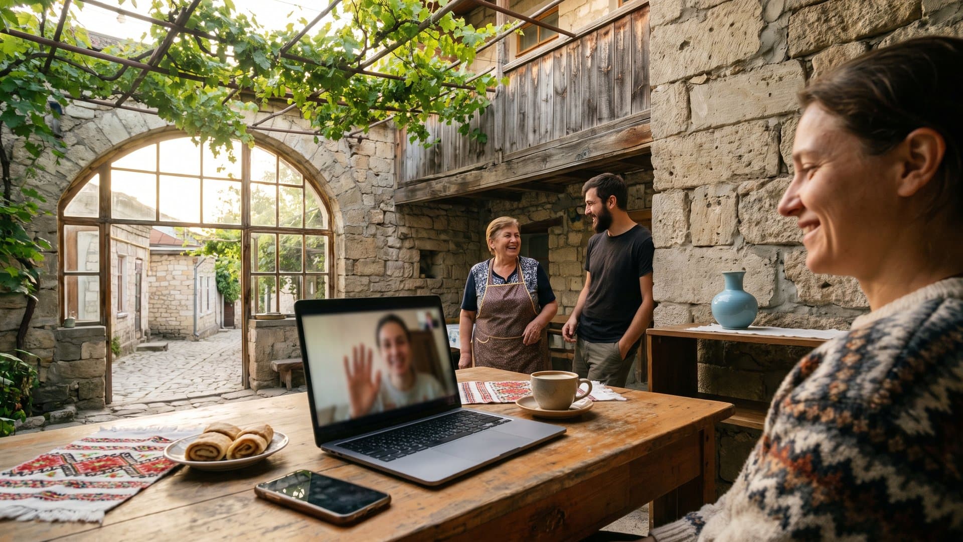 O masă primitoare cu laptop, telefon și o cafea, într-o curte cu viță de vie din Chișinău