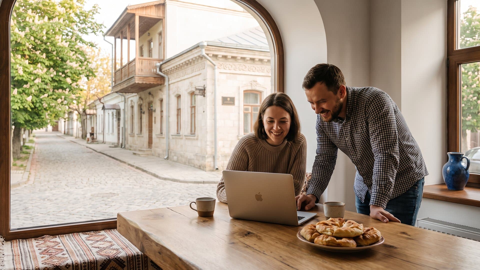 Un programator și un antreprenor se uită împreună la un laptop